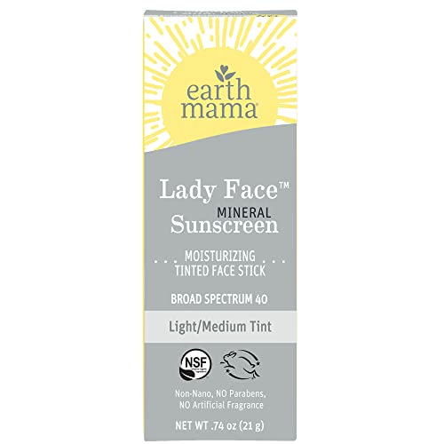 Earth Mama Lady Face® Tinted Mineral Sunscreen Face Stick SPF 40 Light/Medium Tint | Contains Organic Shea & Cocoa Butter | Foundation + Concealer Blends with Most Skin Tones