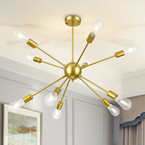 Yarra-Decor Sputnik Chandeliers 10-Light Ceiling Light Fixture Modern Industrial Vintage Hanging Lights, Pendant Lighting for Dining Room, Bedroom, Kitchen, Office, Adjustable Height (Gold)