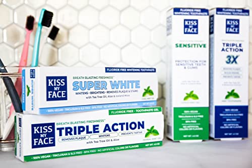 Kiss My Face Super White Cool Mint Gel Toothpaste, SLS And Fluoride Free, Removes Plaque And Prevents Tartar, With Added Tea Tree Oil, Aloe And Iceland Moss, 4.5 Oz