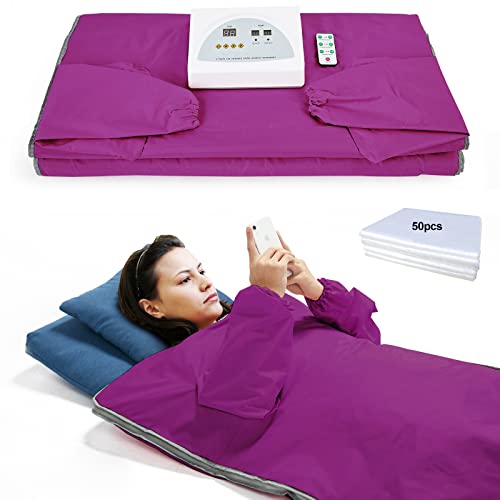 Surnuo Sauna Blanket for Detox - Far Infrared (FIR) Body Shaper Blanket Professional Therapy Sweat Sauna Body Heating with Sleeves Remote Controller for Health Benefits Purple