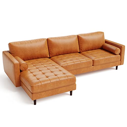 Giantex Sectional Sofa Couch with Chaise Lounge, L-Shaped 3-Seat Sofa Sleeper, CertiPUR-US Sponge Air Leather, 9 Birch Wood Legs, Backrest and Bolsters, for Living Room Apartment Office Easy Assembly