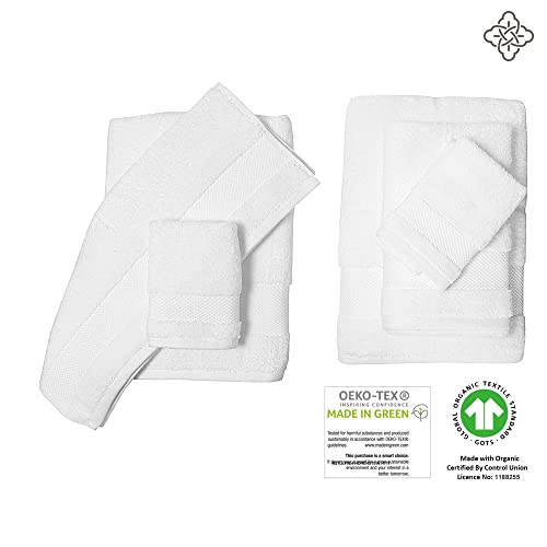 BIOWEAVES 100% Organic Cotton 700 GSM Plush 6-Piece Towel Set GOTS Certified, 2 Bath Towels, 2 Hand Towels & 2 Washcloths - White