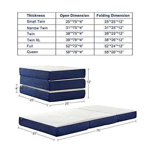JINGWEI Folding Mattress, Tri-fold Memory Foam Mattress Topper with Washable Cover, 4-Inch, Small Twin Size, Play Mat, Foldable Bed, Guest Bed, Camp Portable Bed, 25"X75"X4"