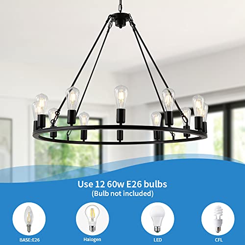 EPPARA Wagon Wheel Chandelier 12 Light-35.43in,Black Wagon Wheel Large Chandeliers for Kitchen Island,Round Light Fixture Farmhouse Chandeliers for Dining Room Living Bedroom Hallway