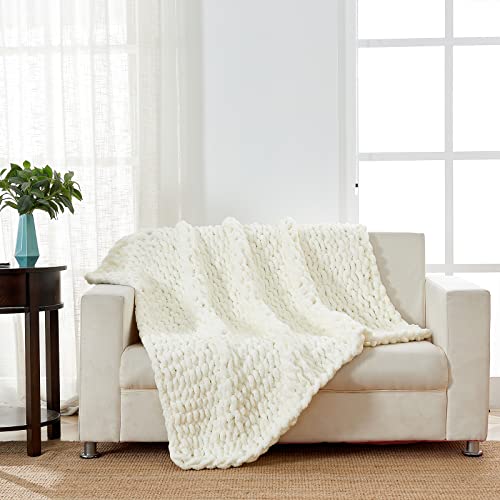 Longhui bedding Handmade Chunky Knit Blankets, Luxurious Chenille Cable Knit Throw Blanket Yarn for Couch Sofa and Bed, Ultra Soft Decorative Cream Christmas Blanket, Machine Washable 51 x 63