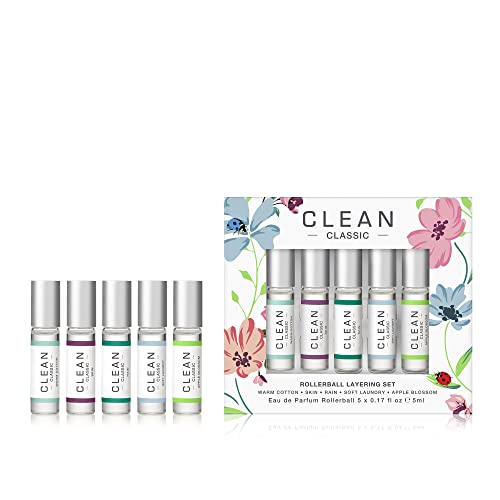 CLEAN CLASSIC Eau de Parfum Rollerball Fragrance Spring Gift Set | Includes Warm Cotton, Skin, Rain, Soft Laundry, and Apple Blossom | 5 x .17 oz or 5 mL