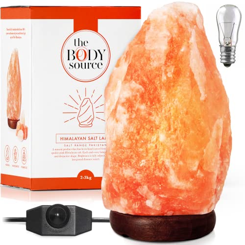 The Body Source Himalayan Salt Lamp 10-12” (11-15 lb) with Dimmer Switch - All Natural and Handcrafted with Wooden Base and an Extra Bulb