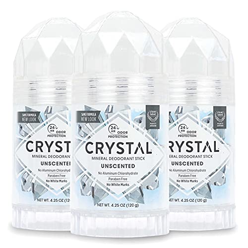 CRYSTAL Mineral Deodorant Stick - Unscented Body Deodorant With 24-Hour Odor Protection, Non-Staining & Non-Sticky, Aluminum Chloride & Paraben Free, 4.25 oz, (3 Pack) (Packaging May Vary)