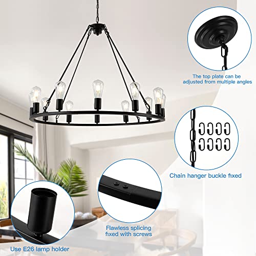 EPPARA Wagon Wheel Chandelier 12 Light-35.43in,Black Wagon Wheel Large Chandeliers for Kitchen Island,Round Light Fixture Farmhouse Chandeliers for Dining Room Living Bedroom Hallway