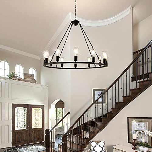 EPPARA Wagon Wheel Chandelier 12 Light-35.43in,Black Wagon Wheel Large Chandeliers for Kitchen Island,Round Light Fixture Farmhouse Chandeliers for Dining Room Living Bedroom Hallway