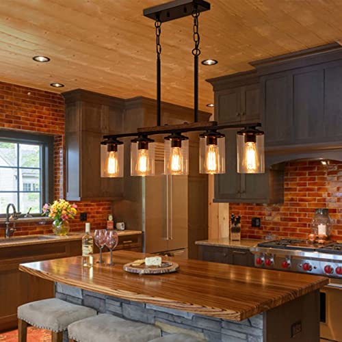 Dining Room Light Fixture,5-Light Kitchen Island Lighting Farmhouse Chandeliers for Dining Room with Clear Glass Shade Rustic Wood Chandelier Kitchen Pendant Light Fixtures Over Table,Black Metal