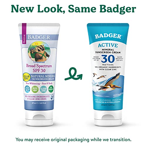 Badger Mineral Sunscreen Cream SPF 30, All Natural Sunscreen with Zinc Oxide, 98% Organic Ingredients, Reef Safe, Broad Spectrum, Water Resistant, Unscented, 2.9 fl oz (2 Pack)