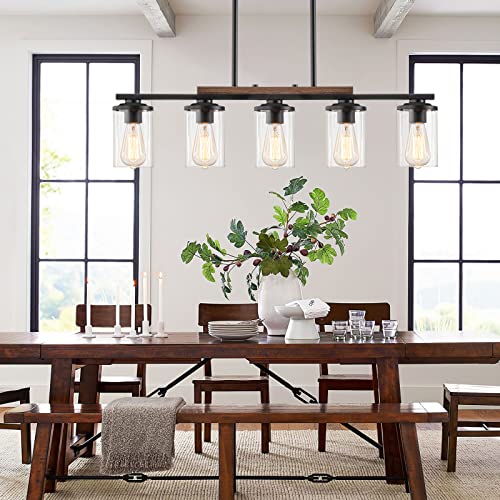 Dining Room Light Fixture,5-Light Kitchen Island Lighting Farmhouse Chandeliers for Dining Room with Clear Glass Shade Rustic Wood Chandelier Kitchen Pendant Light Fixtures Over Table,Black Metal