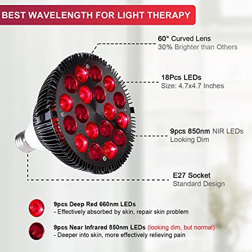 wolezek Red Light Therapy Lamp with Stand, 18 LEDs 660nm Red and 850nm Near Infrared Combo Bulb Red Light Therapy Device for Body and Face, Included 15"-61" Adjustable Tripod, Timer and Goggles