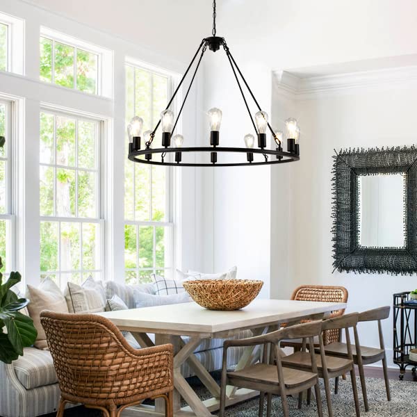 EPPARA Wagon Wheel Chandelier 12 Light-35.43in,Black Wagon Wheel Large Chandeliers for Kitchen Island,Round Light Fixture Farmhouse Chandeliers for Dining Room Living Bedroom Hallway