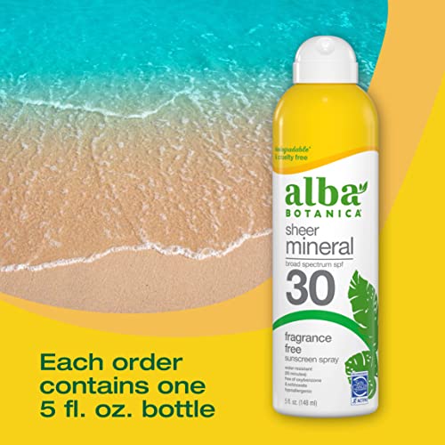 Alba Botanica Sunscreen for Face and Body, Fragrance-Free Sheer Mineral Sunscreen Spray, Broad Spectrum SPF 30, Water Resistant and Biodegradable, 5 fl. oz. Bottle