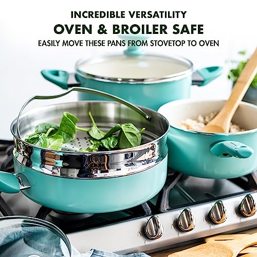 GreenPan Rio Healthy Ceramic Nonstick 16 Piece Cookware Pots and Pans Set, PFAS-Free, Dishwasher Safe, Turquoise