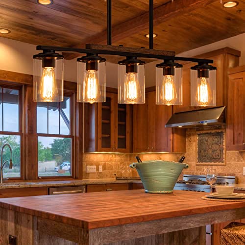Dining Room Light Fixture,5-Light Kitchen Island Lighting Farmhouse Chandeliers for Dining Room with Clear Glass Shade Rustic Wood Chandelier Kitchen Pendant Light Fixtures Over Table,Black Metal