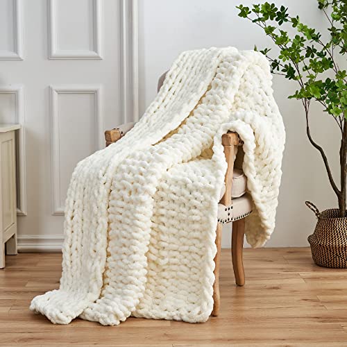 Longhui bedding Handmade Chunky Knit Blankets, Luxurious Chenille Cable Knit Throw Blanket Yarn for Couch Sofa and Bed, Ultra Soft Decorative Cream Christmas Blanket, Machine Washable 51 x 63