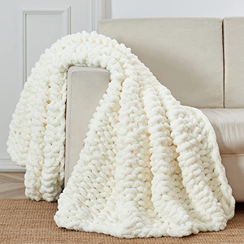 Longhui bedding Handmade Chunky Knit Blankets, Luxurious Chenille Cable Knit Throw Blanket Yarn for Couch Sofa and Bed, Ultra Soft Decorative Cream Christmas Blanket, Machine Washable 51 x 63