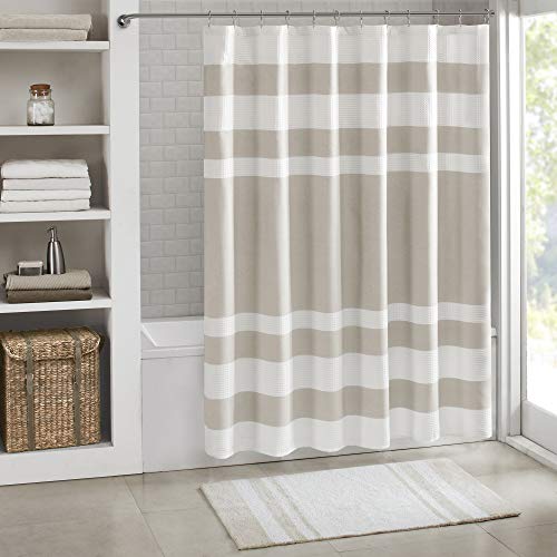 Madison Park Shower Curtain, Waffle Weave, Pieced Design Fabric Shower Curtain with 3M Scotchgard Moisture Management, Premium Spa Quality Modern Shower Curtains for Bathroom, Standard 72"x72" Taupe
