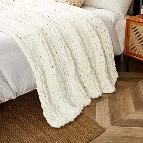 Longhui bedding Handmade Chunky Knit Blankets, Luxurious Chenille Cable Knit Throw Blanket Yarn for Couch Sofa and Bed, Ultra Soft Decorative Cream Christmas Blanket, Machine Washable 51 x 63