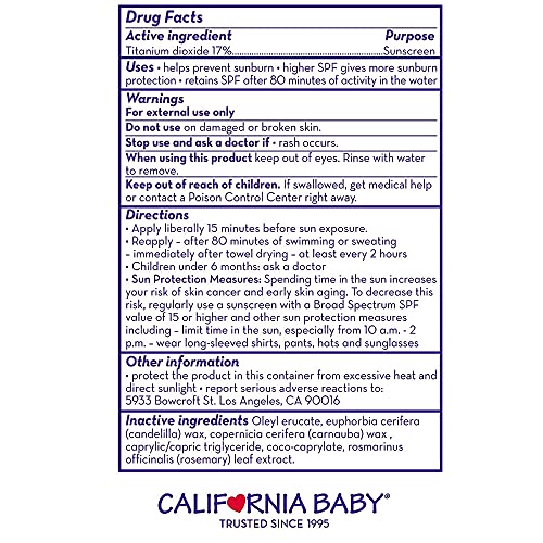 California Baby Super Sensitive SPF 30+ Sunscreen Stick | Broad Spectrum | Unscented Mineral Sunscreen Face & Body | Titanium Dioxide | Allergy-Friendly | Reef Safe Sunscreen | Mineral Sunscreen For Sensitive Skin | 14 g / 0.5 oz.