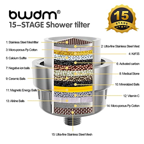 15 Stage Shower Filter - Shower Head Filter, Remove Chlorine Heavy Metals and Other Sediments, Vitamin C Water Softener Reduces Dry Itchy Skin, Dandruff BWDM (Chrome)