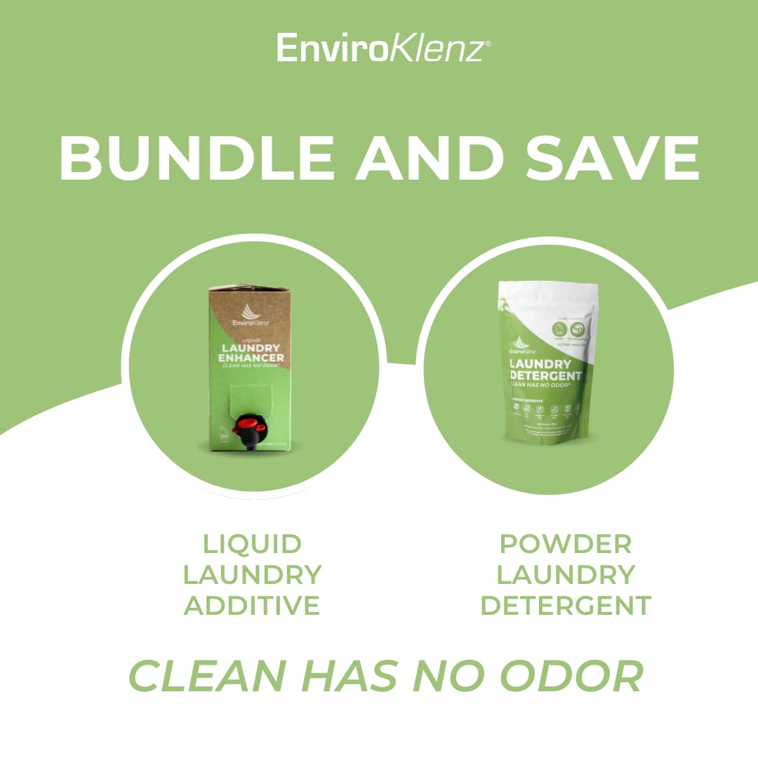 EnviroKlenz Laundry Powder Detergent, Removes odors and stains, Natural Mineral Technology, Non-toxic, Unscented (400g) with EnviroKlenz Liquid Laundry Enhancer, 20 loads