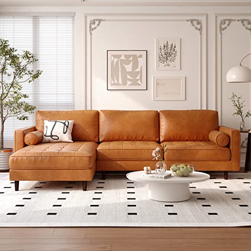 Giantex Sectional Sofa Couch with Chaise Lounge, L-Shaped 3-Seat Sofa Sleeper, CertiPUR-US Sponge Air Leather, 9 Birch Wood Legs, Backrest and Bolsters, for Living Room Apartment Office Easy Assembly