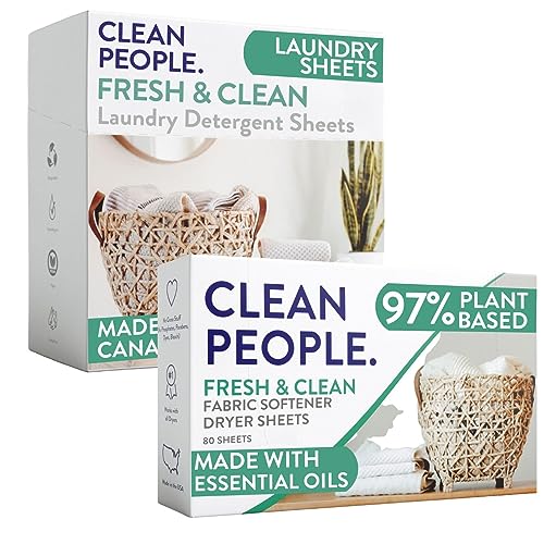 Clean People Ultra Concentrated Laundry Detergent Strips & Fabric Softener Sheets - Plant-Based, Eco Friendly Laundry Detergent 96ct & Dryer Sheets 160ct (Fresh Scent)