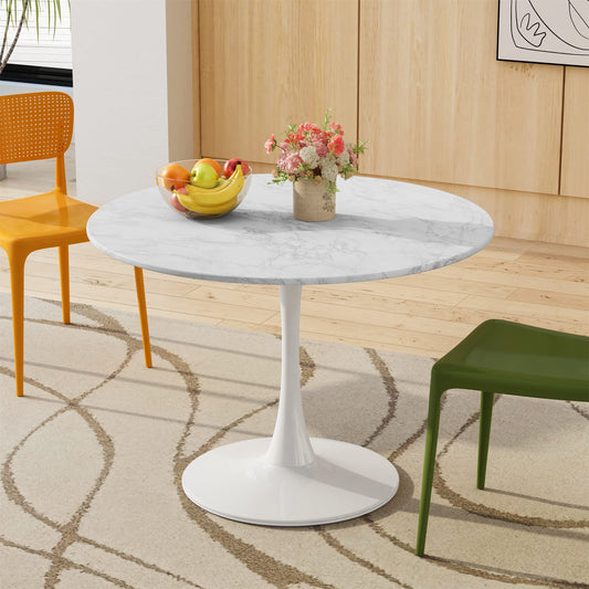 DKLGG 42" Modern Round Dining Table with Printed Marble Table Top, Metal Base Pedestal Table Tulip Table Kitchen Table for 4-6 Person, Small Space Home, End Table Leisure Coffee Table, Marble